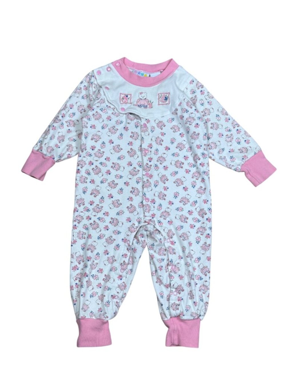 90s Infant Girls Floral & Teddy Bear One-Piece Pajamas 24M 100% Cotton Pink/Whit